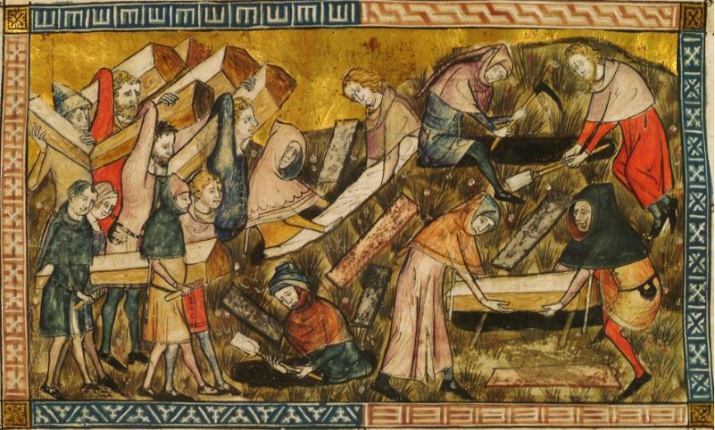 Citizens of Tournai, in the present-day Netherlands, bury plague victims, 1353.