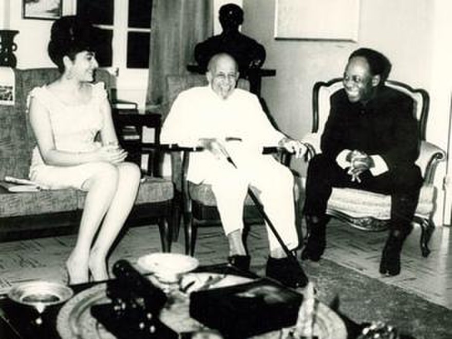 Pictured is W.E.B. Du Bois (center) at his 95th birthday party in Ghana, with President Kwame Nkrumah and his wife.