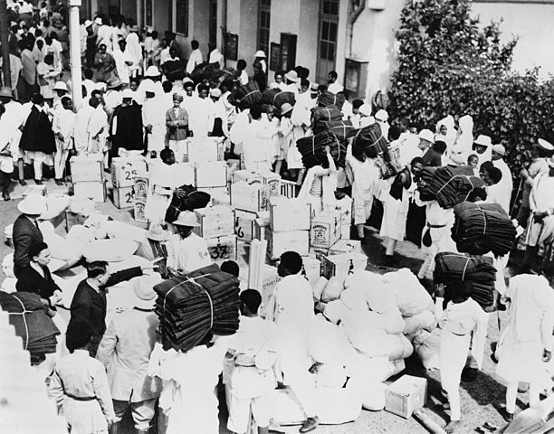 Cotton, wool, and warm blankets intended for the war front were piled at the Addis Ababa, Ethiopian railway station in 1935.