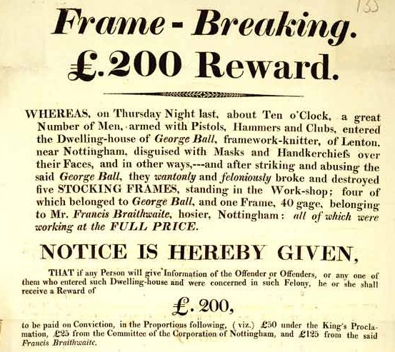 Reward poster for frame breakers in Nottingham, 1812.