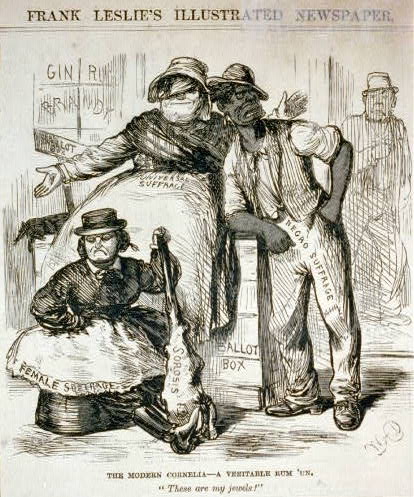 An 1869 cartoon illustrates the proposed inseparable voting connection between women and African Americans.