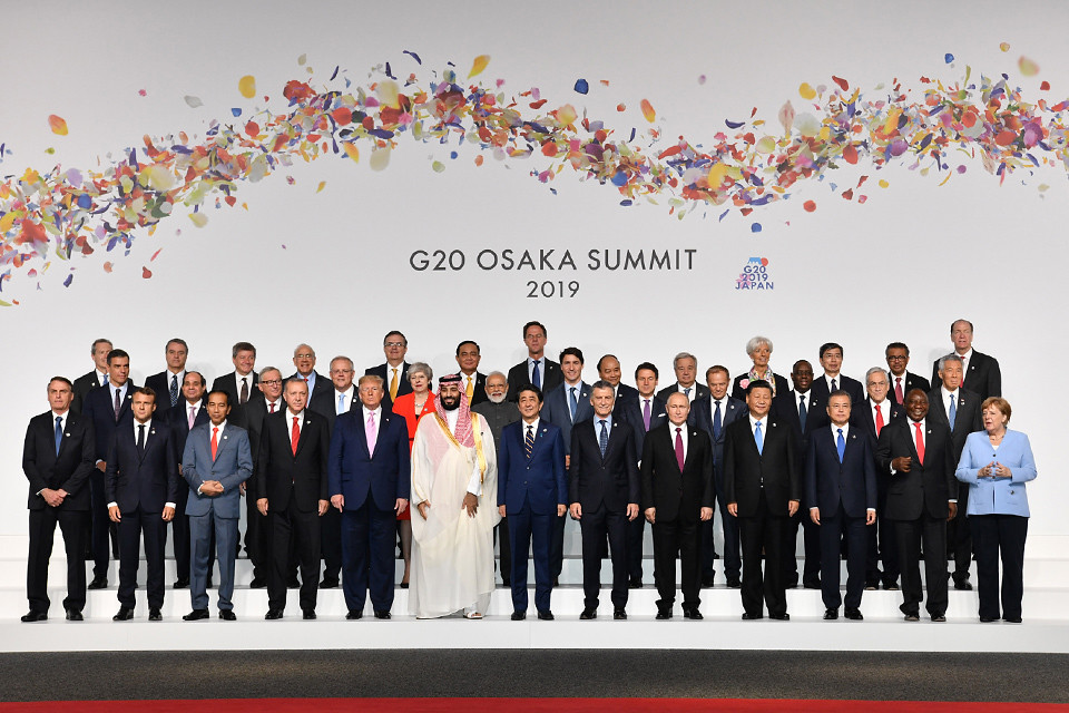 A 2019 group photo of world leaders from 19 countries and the European Union who attended the June G20 Summit in Osaka, Japan. Together they represent most of the world economy.