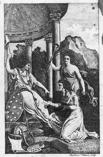 A 1792 illustration showing the figure of Liberty receiving a copy of Mary Wollstonecraft’s publication.