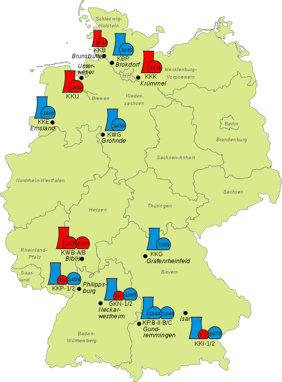 Map of the nuclear power plants in Germany shut down by the Atom-Moratorium of 2011.