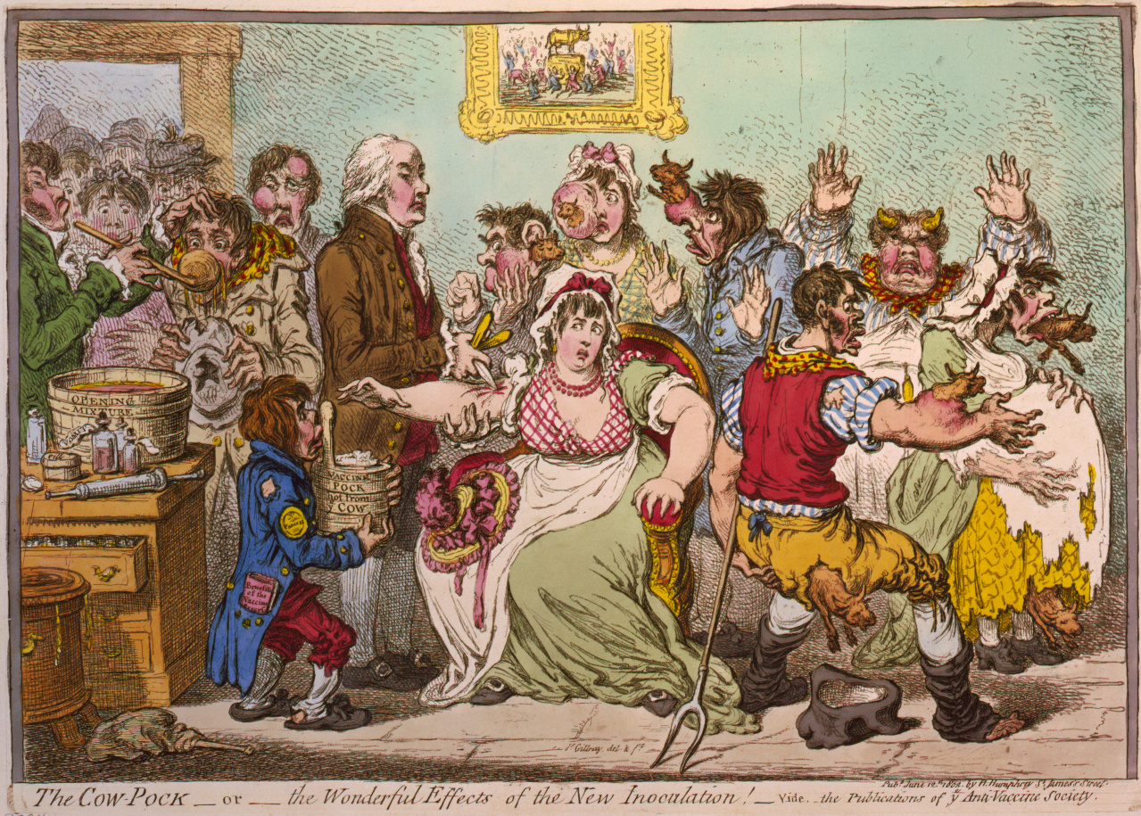 Gillray’s 1802 caricature of vaccinated men and women growing cow parts on their bodies.