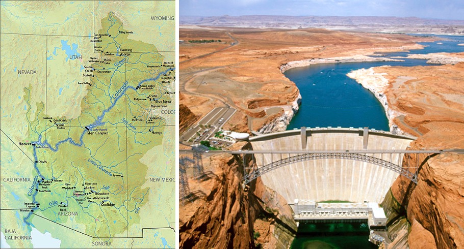 On the left, a 2013 map of dams on the Colorado River. On the right, an aerial view of Glen Canyon Dam.