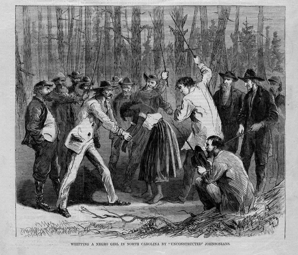 An 1867 depiction of a black woman being whipped in North Carolina.