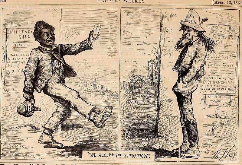 An 1867 cartoon depicting an enfranchised black man and a sulking Confederate.