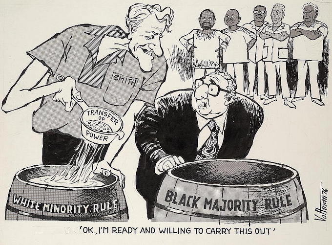 A 1976 cartoon that depicts the white Southern Rhodesia Prime Minister Ian Smith talking to U.S. Secretary of State Henry Kissinger.