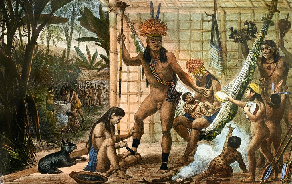 An early nineteenth-century painting by Jean-Baptiste Debret, entitled Famille d’un Chef Camacan se préparant pour une Fête, depicts an indigenous Brazilian family preparing for a feast