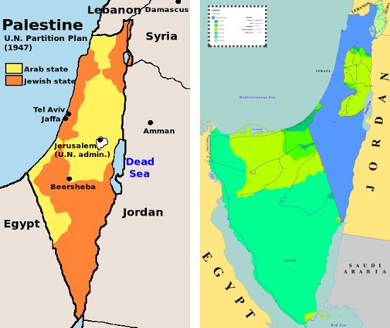 On the left, a 1947 map illustrates the United Nations Partition Plan for Palestine. On the right, a map that shows Israeli territory gained during the Six-Day War in 1967.