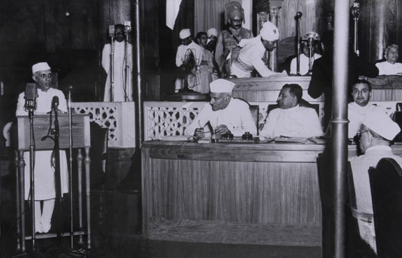 Jawaharlal Nehru speaks to the Constituent Assembly in New Delhi on the eve of independence, August 15, 1947