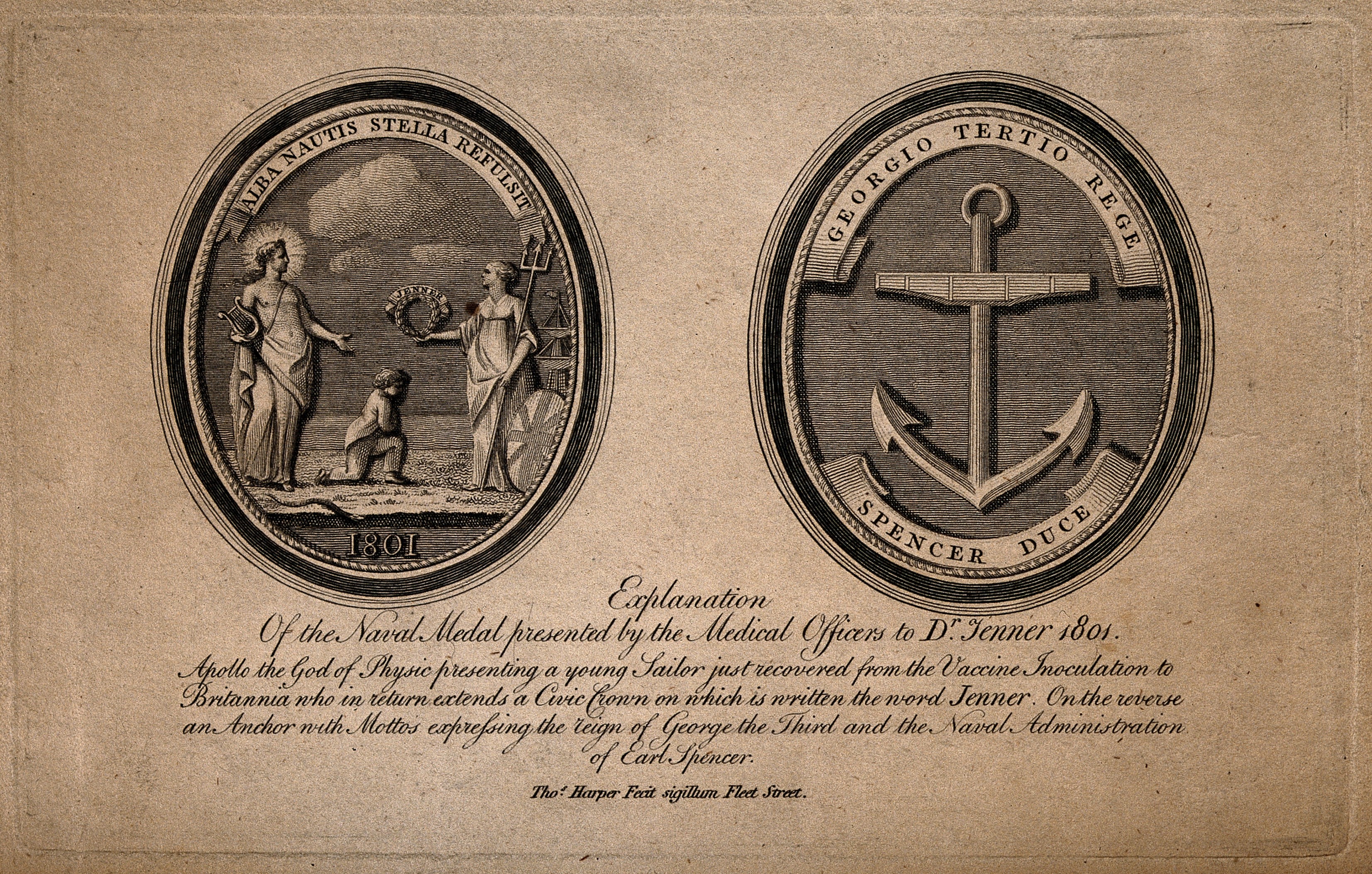 Front and back of a medal presented by British naval medical officers to Edward Jenner in 1801.