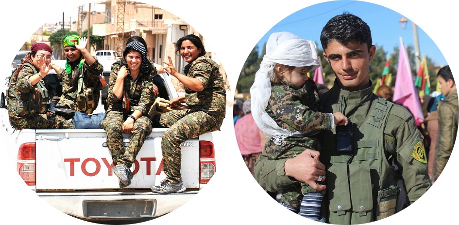 On the left, Women’s Protection Units or Women’s Defense Units are all-female Kurdish militia actively fighting in Northern Syria. On the right, the People’s Protection Units or People’s Defense Units (YPG) are a mixed-sex militia consisting primarily of ethnic Kurds.