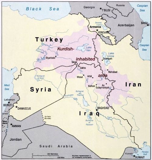 A 2002 Central Intelligence Agency map of Kurdish populated areas in the Middle East.