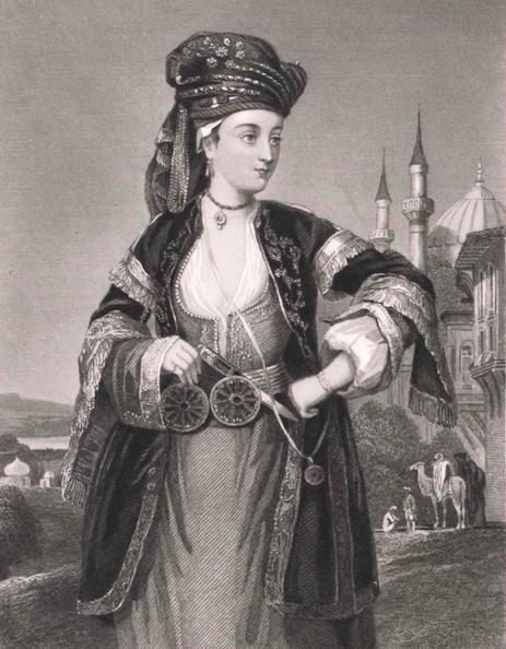 Eighteenth-century engraving of Lady Mary Worley Montagu in Turkish attire.