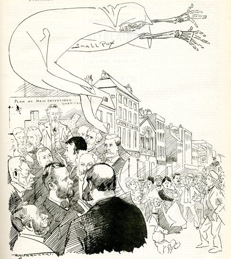 The ghost of Death, symbolizing the continued smallpox problem in Leicester in 1892, hovers over city councilmen, who indecisively debated isolation of infected people versus vaccinations.