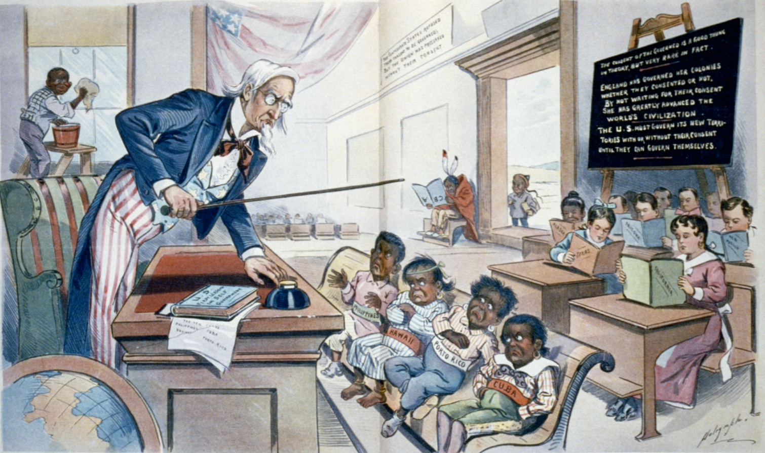 Caricature of American expansionism and racism showing Uncle Sam lecturing four children labelled Philippines, Hawaii, Puerto Rico and Cuba in front of children holding books labelled with various U.S. states. In the background are a Native American child holding a book upside down, a Chinese boy at the door, and an African American boy cleaning a window.