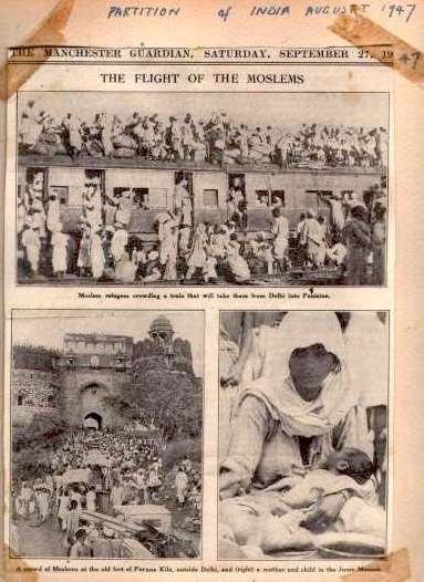 Private collector’s scrapbooked page of the September 27, 1947 Manchester Guardian newspaper reporting on Muslim refugees heading to Pakistan