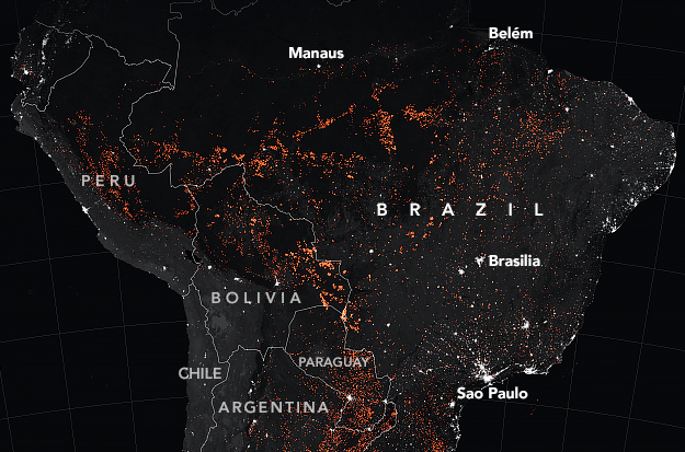 A NASA map showing active fires in South America.