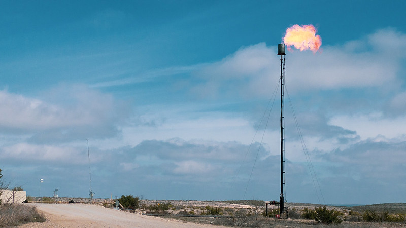 A natural gas flare in a Texas oil field.