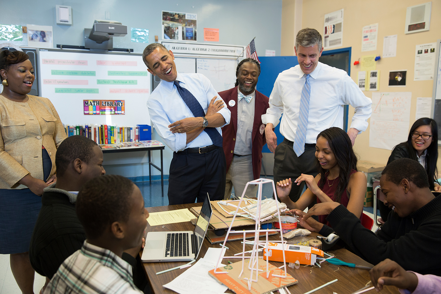 President Barack Obama and Education Secretary Arne Duncan visit a classroom at the Pathways in Technology Early College High School (P-TECH) in Brooklyn, N.Y., 2013