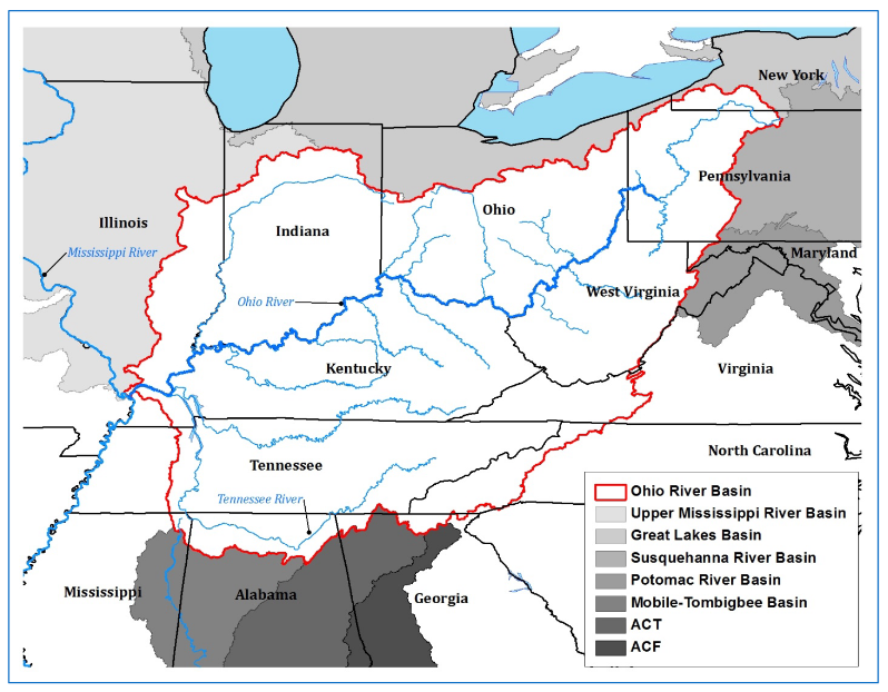 A 2015 map of the Ohio River basin and surrounding interstate-basins.