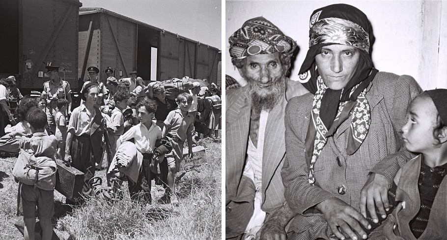 On the left, children orphaned during the Holocaust arrive by train. On the right, Yemenites airlifted to Israeli immigration tent camps.