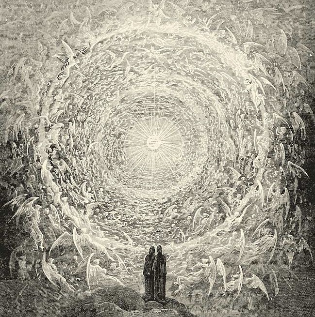 Dante and Beatrice gaze upon the highest heavens in Canto XXXI of Paradiso by Dante Allghieri.