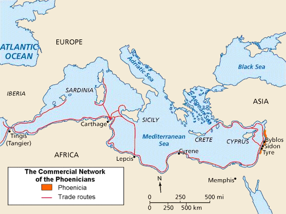 A map of Phoenician trade routes prior to the third century BCE.