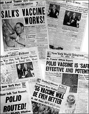 Newspaper headlines from 1955 about polio vaccine and Dr. Jonas Salk.