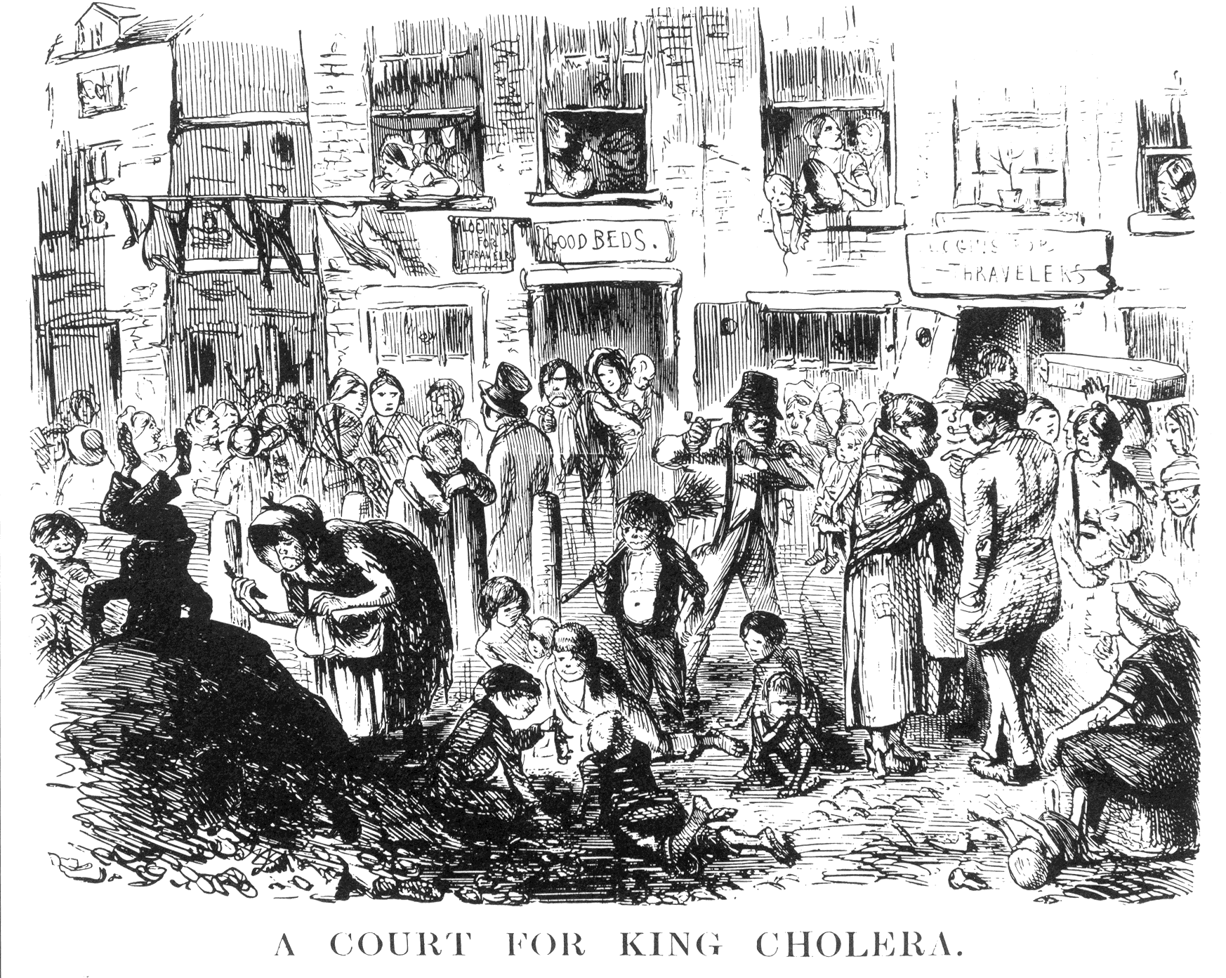 An 1852 illustration from the magazine Punch showing where cholera was thought to spread. The 'Court for King Cholera' was the slums, largely due to overcrowding and poor hygienic conditions.