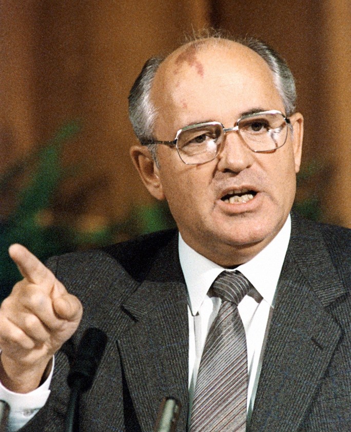 Mikhail Gorbachev speaking at a news conference.