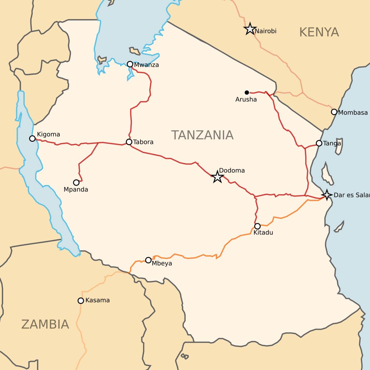 A map showing the route of the TAZARA Railway in Tanzania (in orange).