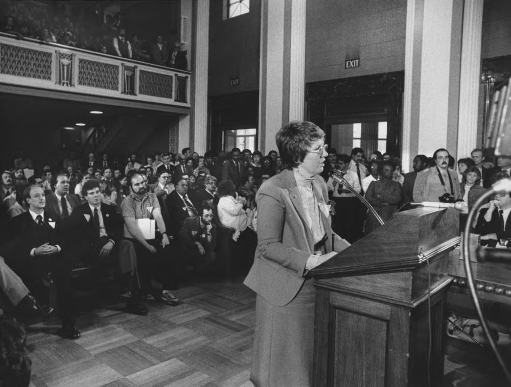 A speaker supports a bill for a homosexual rights ordinance in Columbus, Ohio.