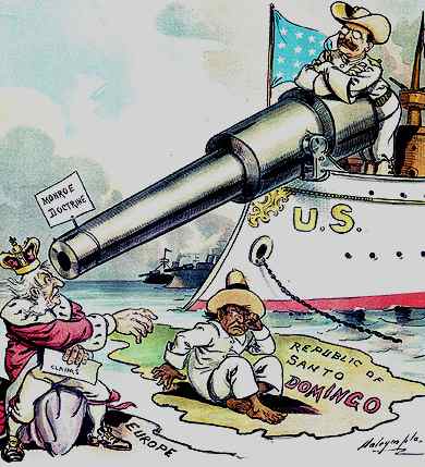 Political cartoon showing the deployment of U.S. military might in response to feared European incursion into the Dominican Republic.