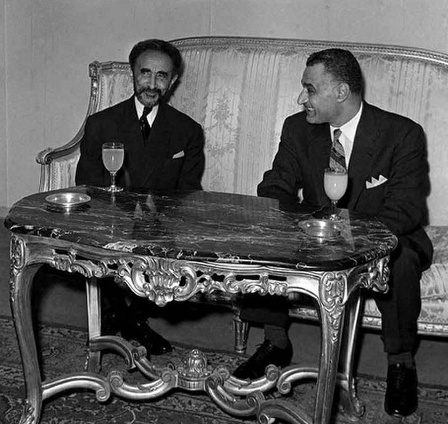 The Emperor of Ethiopia, Haile Selassie, sits with the President of Egypt, Gamal Abdel Nasser.