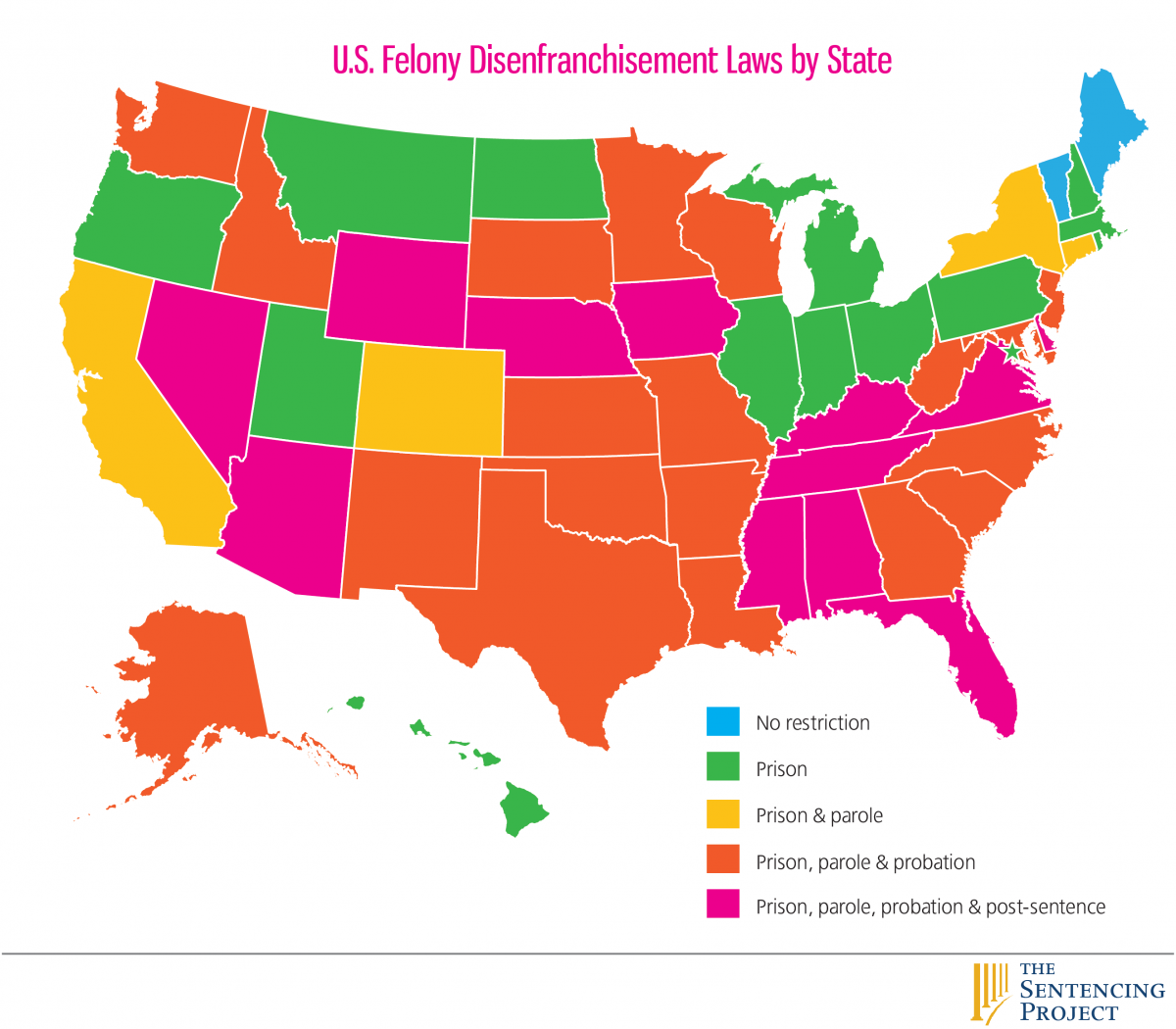 A 2016 map of felony disfranchisement laws by state.