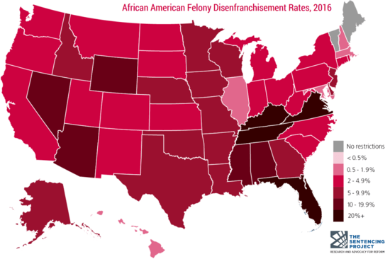 A 2016 map depicting the rates of African American felony disfranchisement.