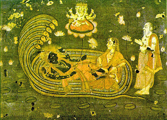 An eighteenth-century depiction of the Hindu creation myth. Brahmā, the Hindu deva of creation, emerges from a lotus risen from the navel of Viṣņu, who lies with Lakshmi on the serpent Ananta Shesha