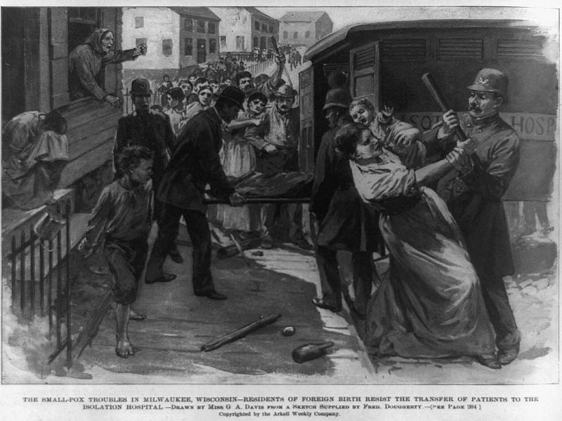 Immigrant families were often the target of smallpox raids, like this 1901 skirmish in Milwaukee, WI.