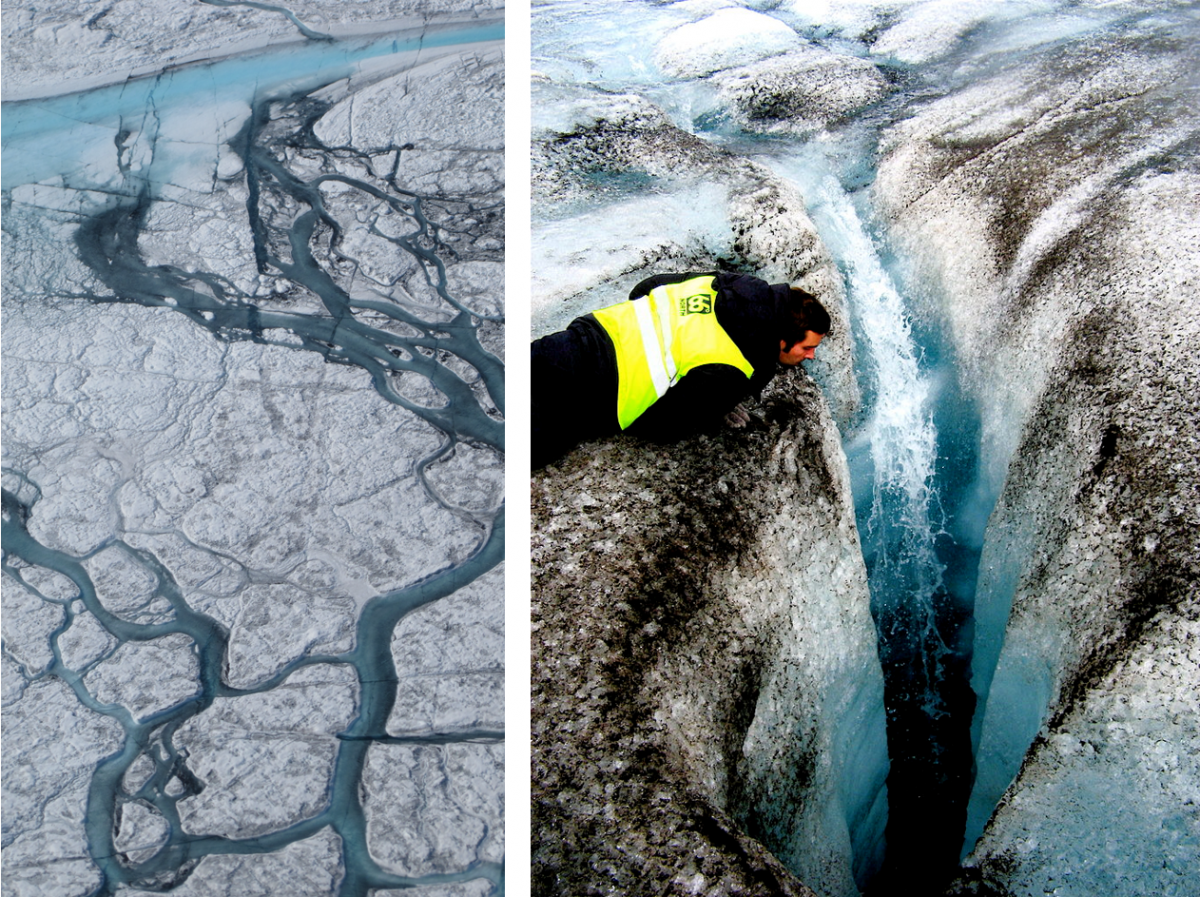 On the left, a large stream of meltwater emerges from an upstream supraglacial lake. On the right, a crevasse created by water drilling a hole into the glacier ice.
