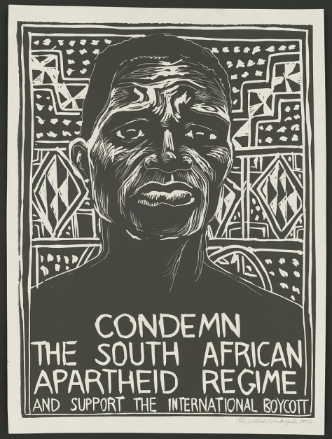 A 1976 poster that reads 'Condemn the South African apartheid regime and support the international boycott.'