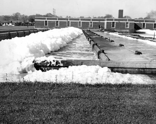 Detergent suds overflow from aeration tanks at the Southerly Wastewater Treatment Plant.