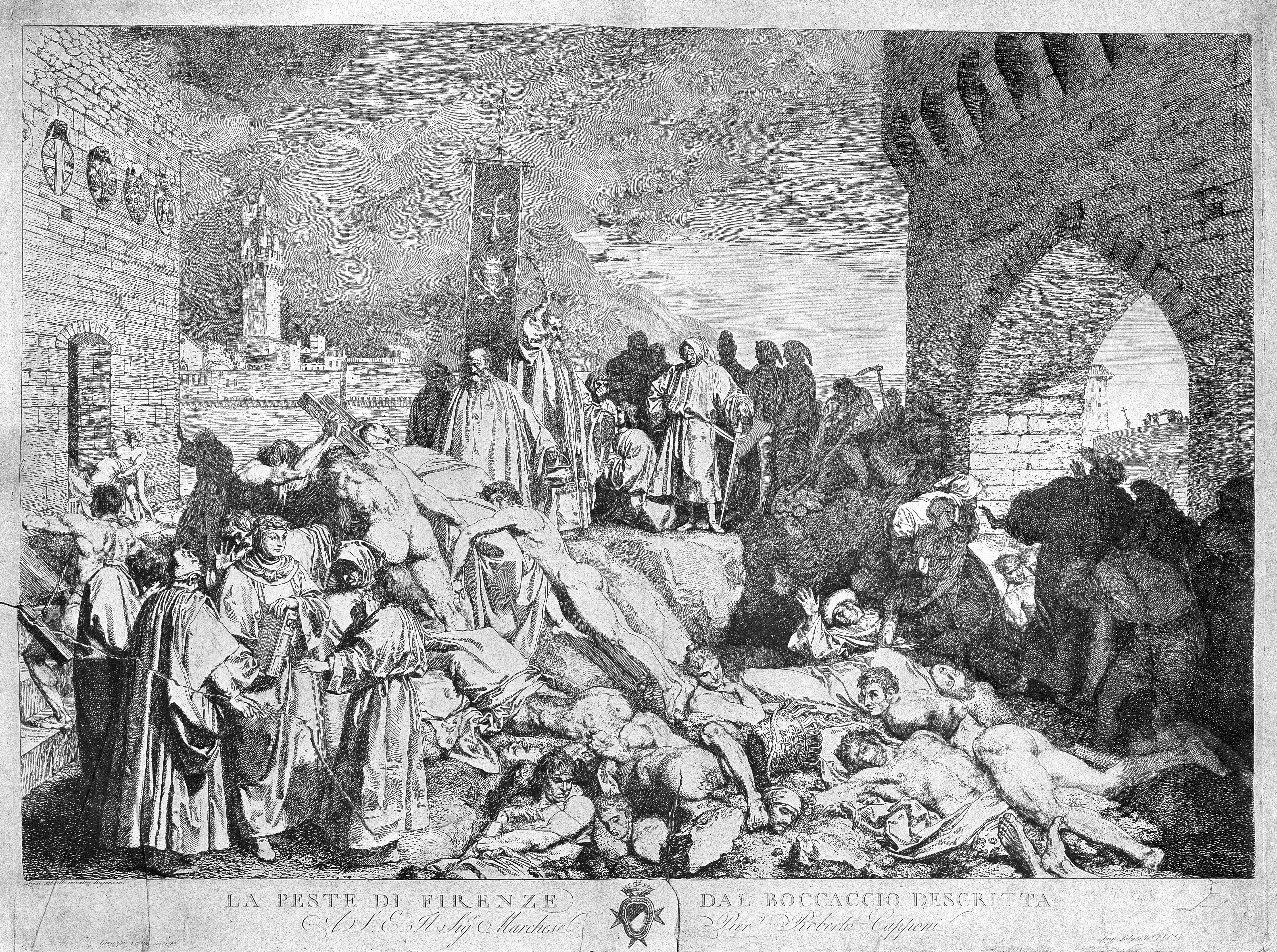 The plague of Florence in 1348, as described in Boccaccio's Decameron. Etching by L. Sabatelli.
