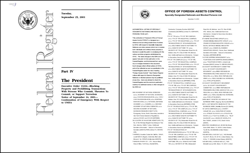 On the left, Executive Order 13224 - Blocking Property and Prohibiting Transactions With Persons Who Commit, Threaten to Commit, or Support Terrorism. On the right, specially Designated Nationals list.