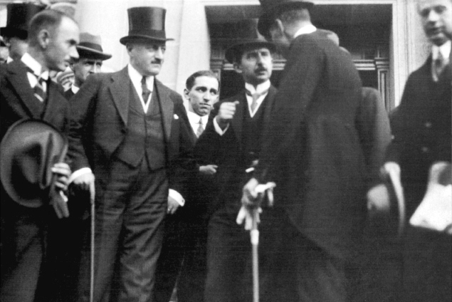The Turkish delegation led by İsmet Pasha (İnönü) (center) and Rıza Nur (wearing a top hat on the left) after signing the 1923 Treaty of Lausanne.