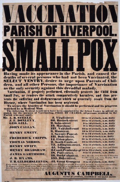 British poster urges people to get free vaccinations at specific locations in Liverpool in 1851.