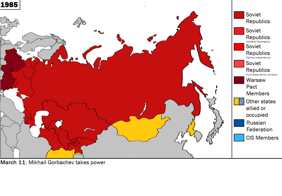 This map of the former Soviet Union shows when countries broke away to form their own republics.