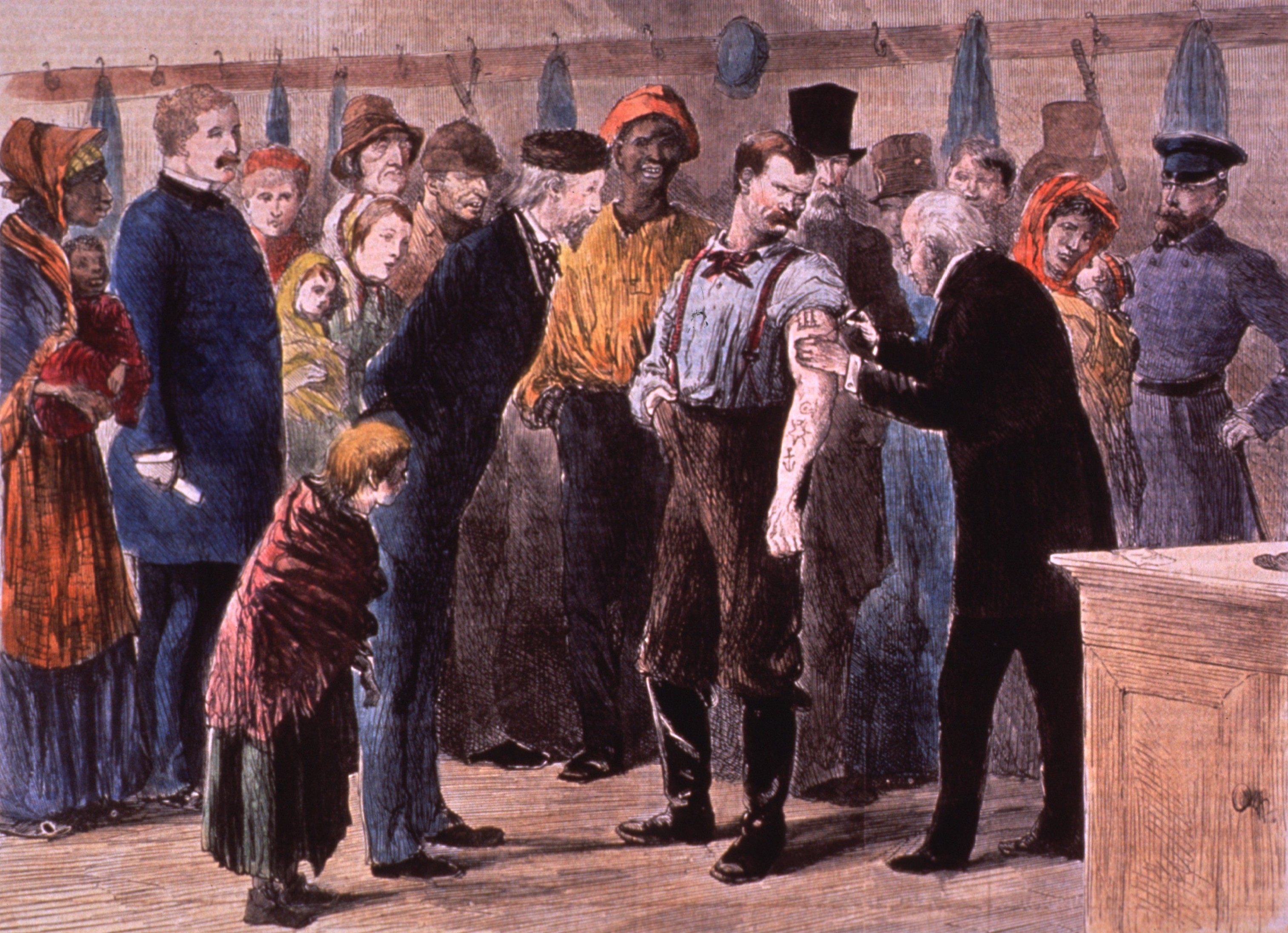 Artist’s interpretation of American public vaccinations in 1873.